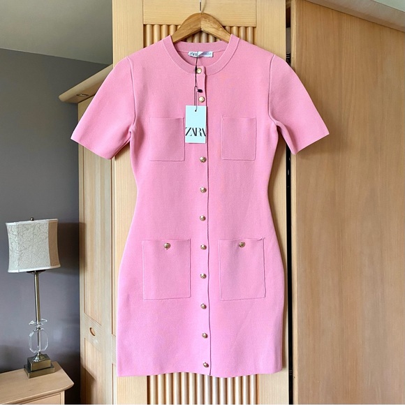 Zara gold button knit mini dress pink - Picture 5 of 12